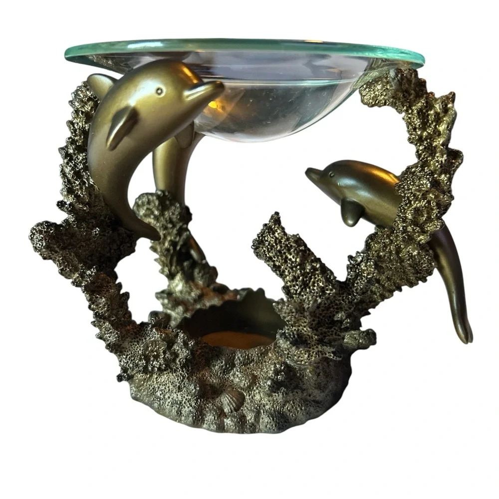 PartyLite Bronze 3 Dolphin Oil Wax Melt Scent Aroma Candle Holder (RETIRED)